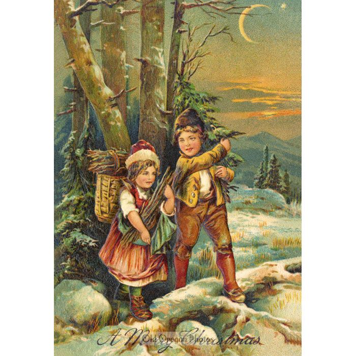 Vintage Christmas Card - Gathering Kindling