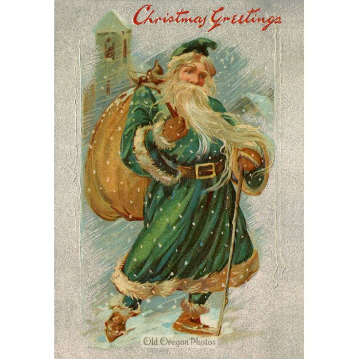 Vintage Christmas Card - Green Robed Santa