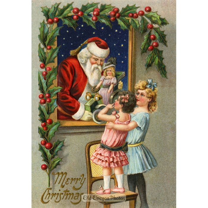 Vintage Christmas Card - Two Girls & Santa