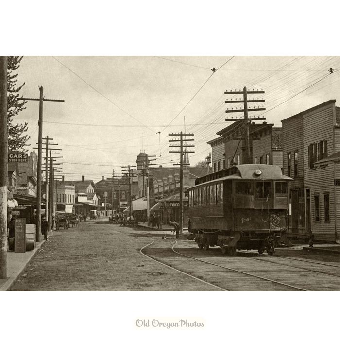 Oregon City Main St. with Electric Trolley - Cheney