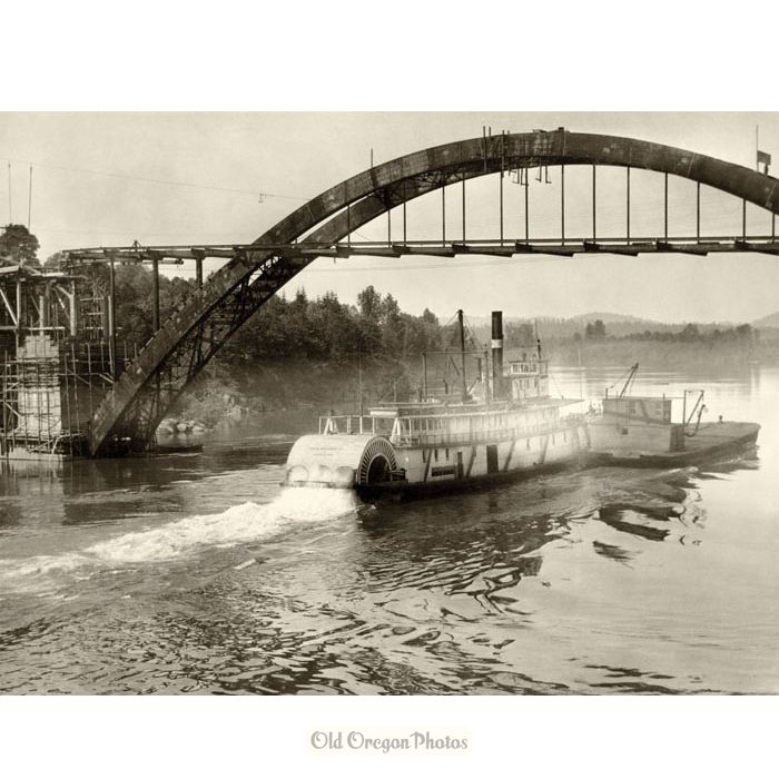 Sternwheeler and Barge Under the New Oregon City Bridge