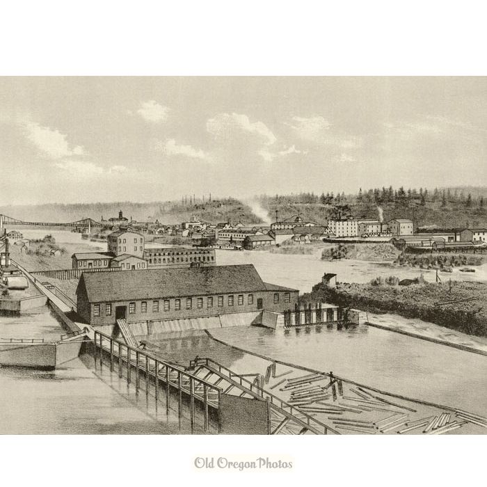 Factories at Willamette Falls, Engraving - West Shore Magazine