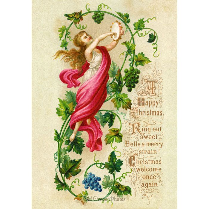Vintage Christmas Card - Woman with Tamborine