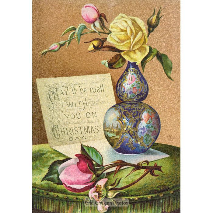 Vintage Christmas Card - Roses in a Vase
