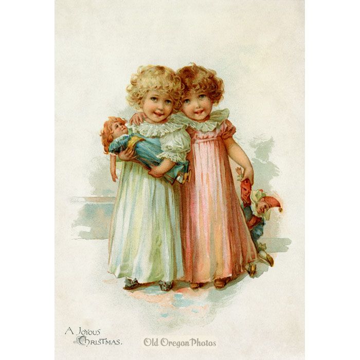 Vintage Christmas Card - Two Girls & Their Dolls - Prang